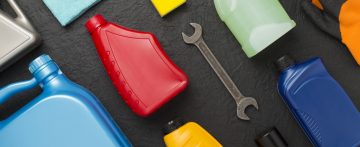 Different colored engine coolant bottles